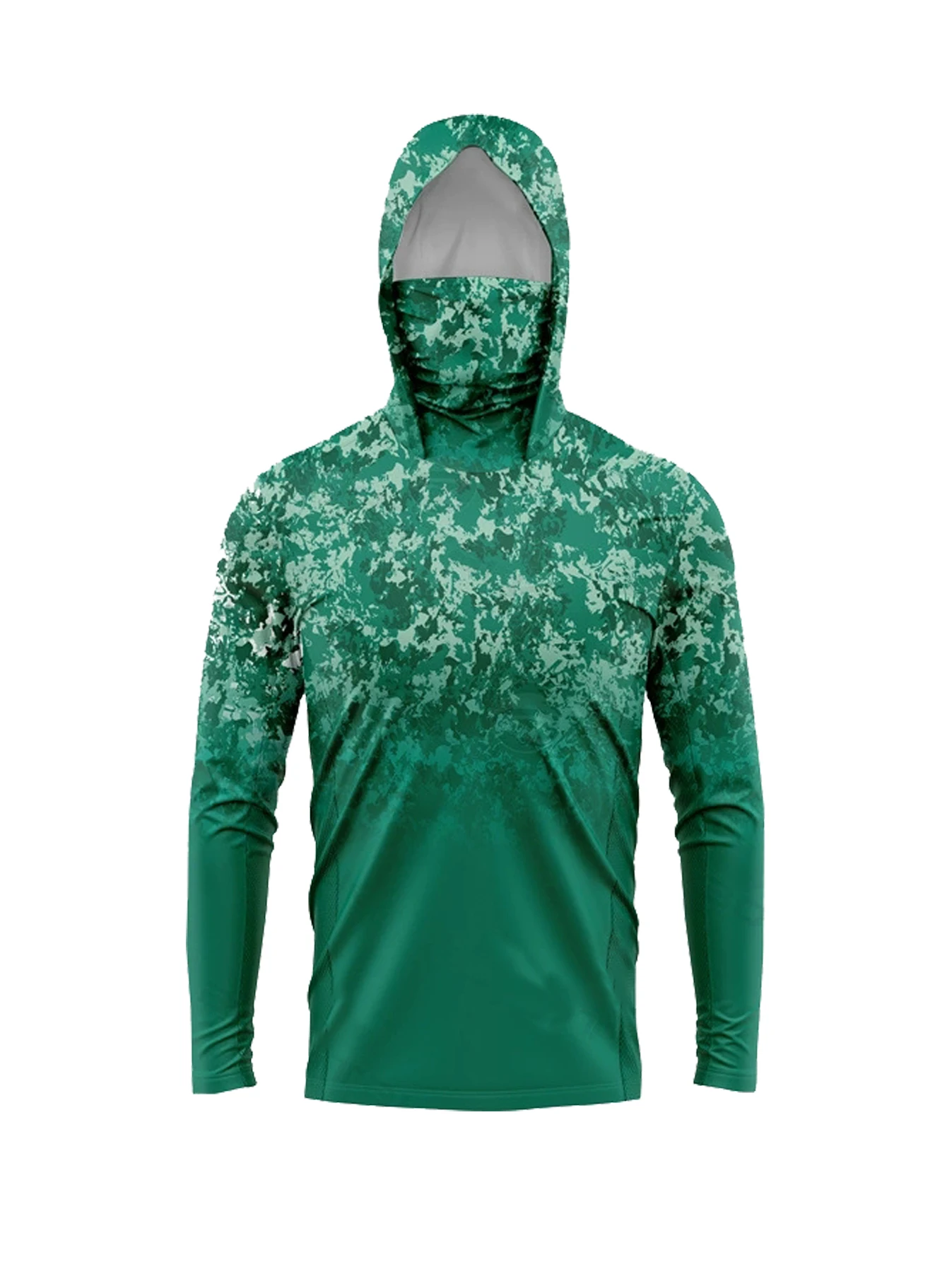 Outdoor Hunting Prints - เสื้อฮู้ดดี้กันแดดสำหรับผู้ชาย UPF50+ พร้อมหน้ากากปิดหน้า ลายพรางดิจิตอลสีเขียว แห้งเร็ว ป้องกันรังสียูวี